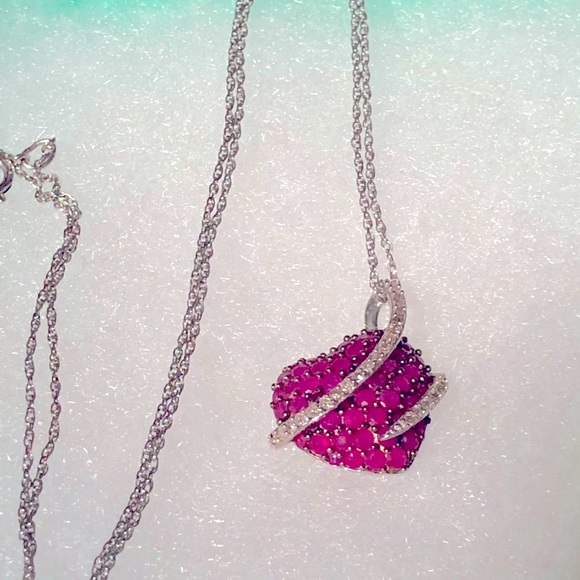 Natural Ruby and Diamond Sterling Silver Necklace - Picture 3 of 12